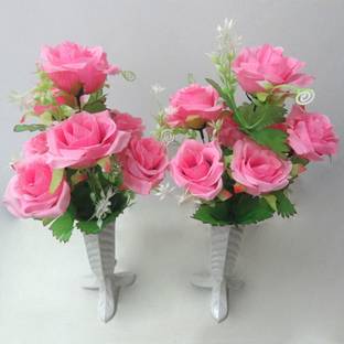 ओम कलेक्शन्स Paper Rose artificial Flower गुलाबी गुलाब का फूल नक़ली फूल पॉट के साथ