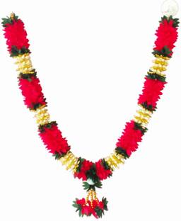 SujArta Garland, Premium Artificial Gold & Red Flower Mala for Photos Red Jasmine Artificial Flower