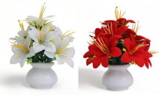 KanRaj Red, White Lily Artificial Flower  with Pot