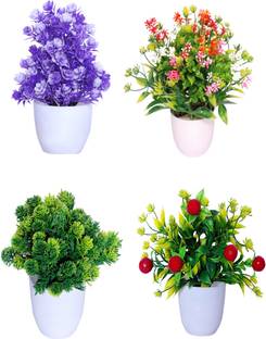 GOVIC Beautiful Design 4 Piece Collection Flower Plant For Decoration (Indoor/Outdoor) Multicolor Wild Flower Artificial Flower  with Pot