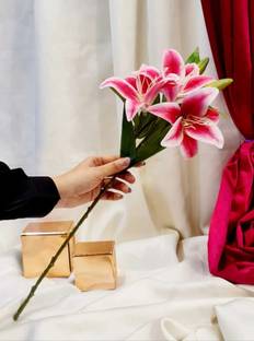 Satyam Kraft 3 Head Lily Artificial Flowers Sticks for Home Decoration, Bedroom and Craft Red Lily Artificial Flower