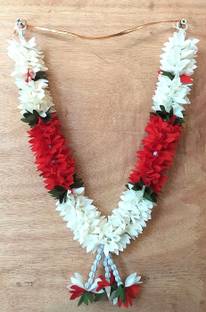 SujArta Garland, Beautiful Small Size (Red)-14 Inch each side, Photo Garland Multicolor Jasmine Artificial Flower