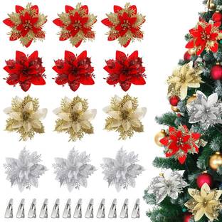 maycreate 12pcs Christmas Poinsettias 55 Inch Glitter Decor Hanging Ornaments Pack of 12
