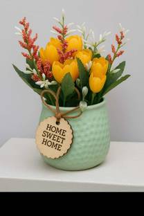 Aurainteriors Artificial Flower Arrangement in Mint Green Vase – Home Sweet Home Décor Yellow Tulips Artificial Flower  with Pot