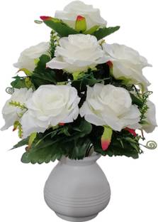 abhay flowers and fashion Best Wedding , Home Decorative Artificial Flower White Camellia Rose Artificial Flower  with Pot