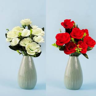 beecraft Artificial Bunch of White and Red Flowers without pot White, Red Rose Artificial Flower
