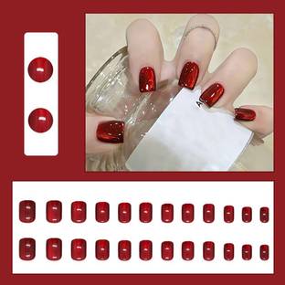 S.A.V.I 24 Pcs Short Red Cat’s Eye Glossy Press On Nails – Natural Shape – Reusable Fak Red Cat’s Eye