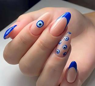 Shhagan Strong Blue French with Evileye Designer Artificial Press-on-Nails with Glue 689 Multicolor