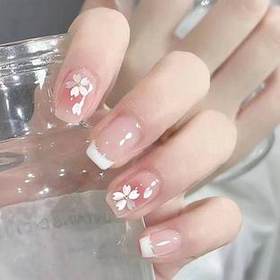 KILLFE Artificial Reusable Nails Light Pink Flower Pattern With Double-side Glue Light Peach, White