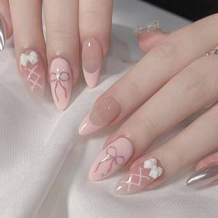 NAKHI 24 Artificial Fake Nail Set |Base peach color with White Bow Design Glossy Nails White