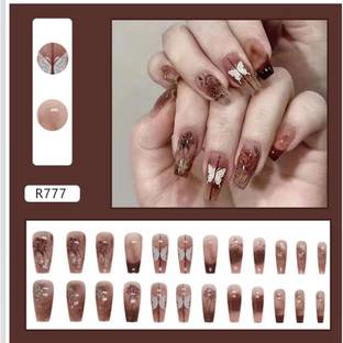 rk arts Press-on Nails, Brown Butterfly Design, Long Coffin Style, 24 Pieces Brown