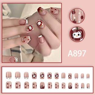 NAKHI 24 Reusable Artificial Nail Set | Base Peach colour with Flat Tip Design Nails Peach