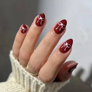 NAKHI 24 Artificial Nail Set |Base maroon colour with White Bow Design Glossy Nails Maroon