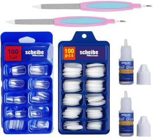 Scheibe 100pcs Transparent Nails 100pcs White Nails 2 Nail Glue and 2 Nail Filer combo White, Transparent