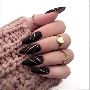 Shhagan Black Nails with Gold Accents Black (Matte), Gold