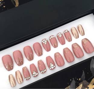 AMOK STORE Press on nail for women's, nail set, false nail tip, nail with glue Silver shin with Pink