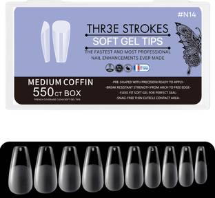 THR3E STROKES Medium Coffin Soft Gel Nail Tips | Full Cover Clear Soft Nail Tip for Artificial False Nails Extension | Nail Salons DIY Nail Art with Box (Clear)