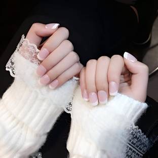 TheVineGirl Set of 24 Artificial Reusable Nails in French Manicure Style With Glue Pink