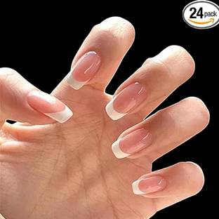 rk arts French Style Pre-Glued 24Pc Artificial Nails - Reusable Pink