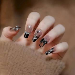 NAKHI 24 Reusable Artificial Fake Nail Set| Black colour Designer nails with Bow Black_peach