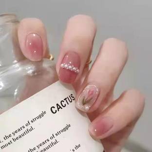 KILLFE Artificial Fake Reusable Nails 24 PCS Set With Glue, 1 Sheet Double-side Glue Light Pink