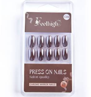 feelhigh 24 Press On Chrome Mirror Finish Nails Tips Natural Reusable Stick on Nails 09