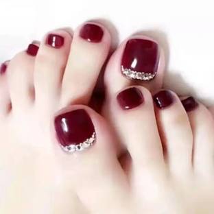 The Pink Truck Set of 24 Artificial Reusable toe Nails in Maroon colour with Swarovski Maroon
