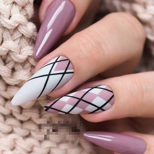 The NailzStation Plaids Designer Acrylic Fake Artificial Press on Nails art with glue sticker kit Mauve, Black