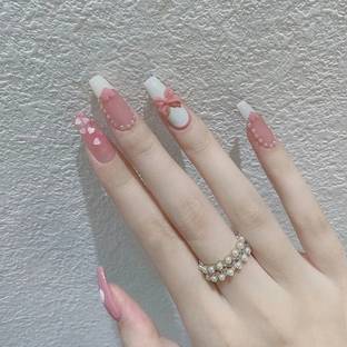 KILLFE Artificial Reusable Heart & Bow Décor Nails Set With Double-side Glue Stickers Pink, White