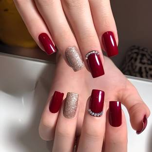 The NailzStation Glitter Artificial nails Designer Acrylic Fake Press on art with glue kit Maroon