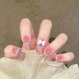KILLFE Artificial Reusable Nail Set Bow & Heart Décor With Double-side Glue Sticker Golssy Pink, Blue