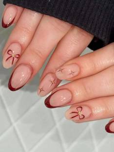 NAKHI 24 Artificial Fake Nail Set | Base Peach with Mroon Bow Design Glossy Nails Peach