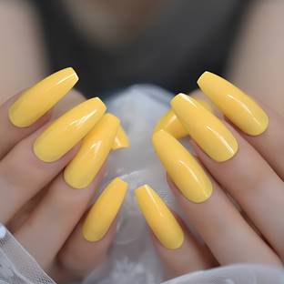 Shhagan Long Coffin, Glossy, Plain Yellow Nails