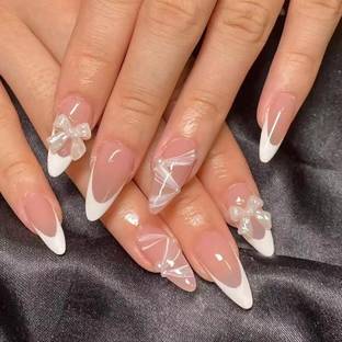 NAKHI 24 Reusable Artificial Fake Nail Set |Base peach colour with White Bow Design Peach