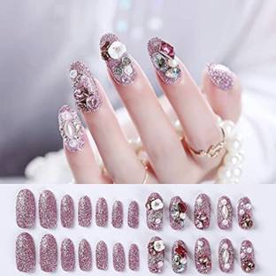 VIKSON INTERNATIONAL PINK STONES STUDDED | LONG ARTIFICIAL FAKE NAILS set pink