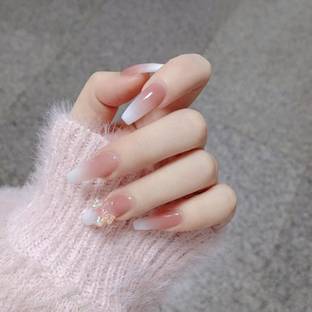 The Pink Truck Set of 24 artificial reusable nails in pink cream color with bow with glue Cream, Natural, Nude