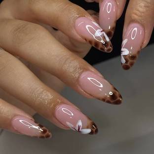 kyiesh KYEISH Artificial Reusable Designer Leopard with Floral Printed Press on Nails Peach