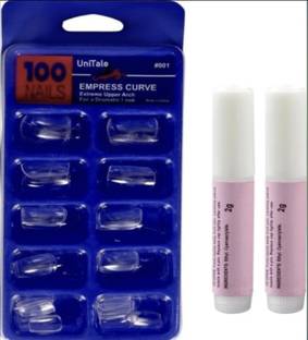 UniTale 100 Pcs Reusable Best Transparent Fake Nail Extensions with 2 pc Strong Glue Transparent, Reusable