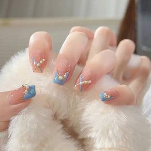 KILLFE Artificial Reusable Nails Pearl & Stone Décor Blue Pattern With Double-side Glue Blue, White