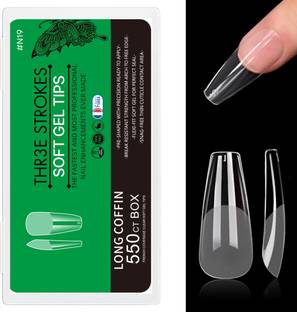 THR3E STROKES Long Coffin Soft Gel Nail Tips | Full Cover Clear Soft Nail Tips for Artificial False Nails Extension | Nail Salons DIY Nail Art with Box (Clear)