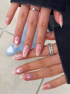 NAKHI 24 Artificial Fake Nail Set |Base Baby Pink colour with White Bow Design Nails Baby Pink
