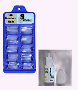 Sarbeau 200-Pcs Artificial Nails Set - 100 White & 100 Transparent and 2 Nail Glue_C_068 Transparent