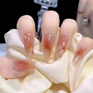 KILLFE Artificial Reusable Nails 24Pcs Set brown peach color white flower Parten Multicolor