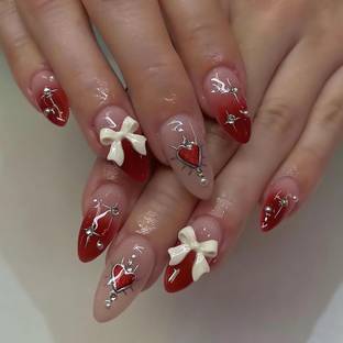 NAKHI 24 Reusable Artificial Base Red colour with White Bow Design Glossy Nails Peach