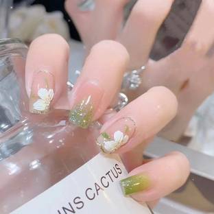 KILLFE Artificial Reusable Nails Set Flower Pattern & Double-side Glue Sticker White, Green
