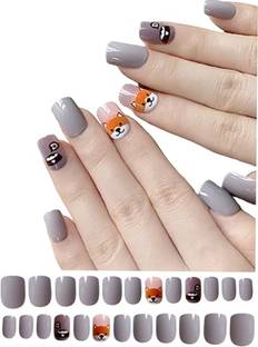 SECRET LIVES Acrylic Press on Nails Artificial False Extension with Glue Sheet Stickers Grey Glossy Color with Cute Pub Design 24 Pieces Set, with Kit