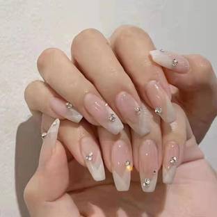 The Pink Truck Set of 24 Artificial reusable Nails in Long french with stones with glue Natural