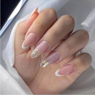 SECRET LIVES Designer Glossy Artificial Fake False Press on Nails 24 Pieces Set Light Nude Pink Color with Golden Glitter