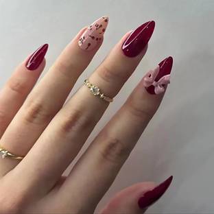 NAKHI 24 Reusable Artificial Fake Nail Set | Base Dark Red colour with Baby Pink Bow Dark red