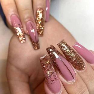 The Pink Truck Set of 24 Artificial Reusable nails in Pink with Golden Coffin style with glue Pink, Golden